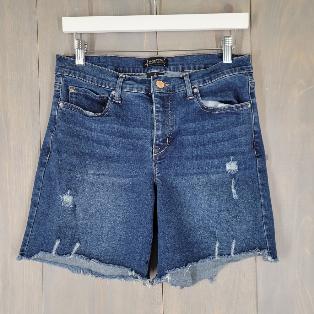Nanette Lepore Belle High Rise Denim Shorts Womens 4 Blue Distressed Raw Hem 6"